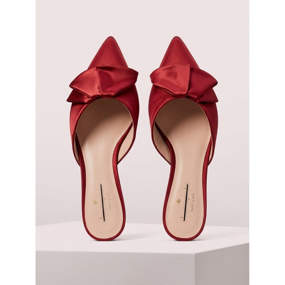 Kate Spade Faryn Red Satin Bow Pointed Toe Mules Womens 6.5 Flat Shoes